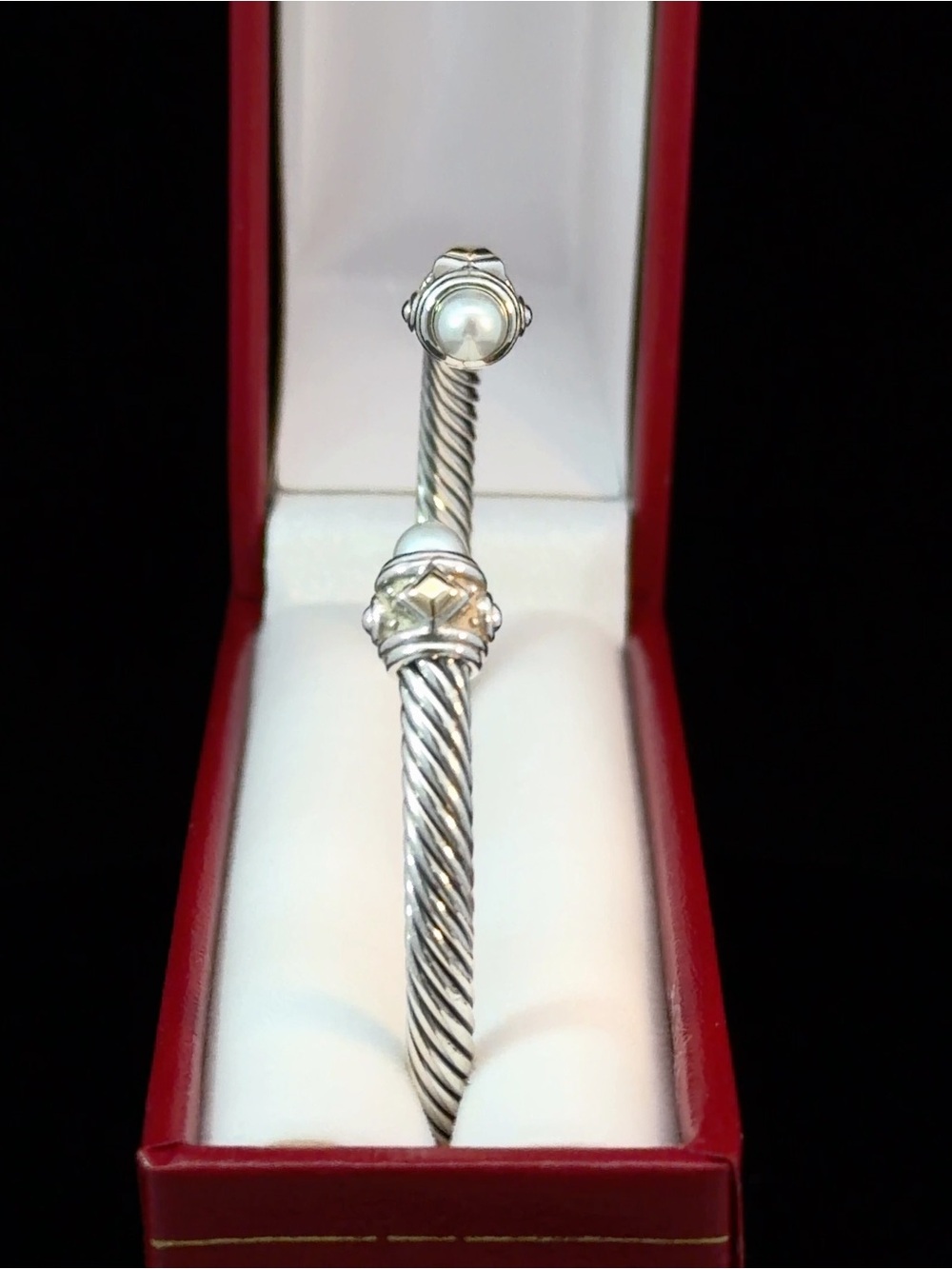 David Yurman Sterling Silver Cable Cuff Bracelet with White Pearls - Picture 1 of 7